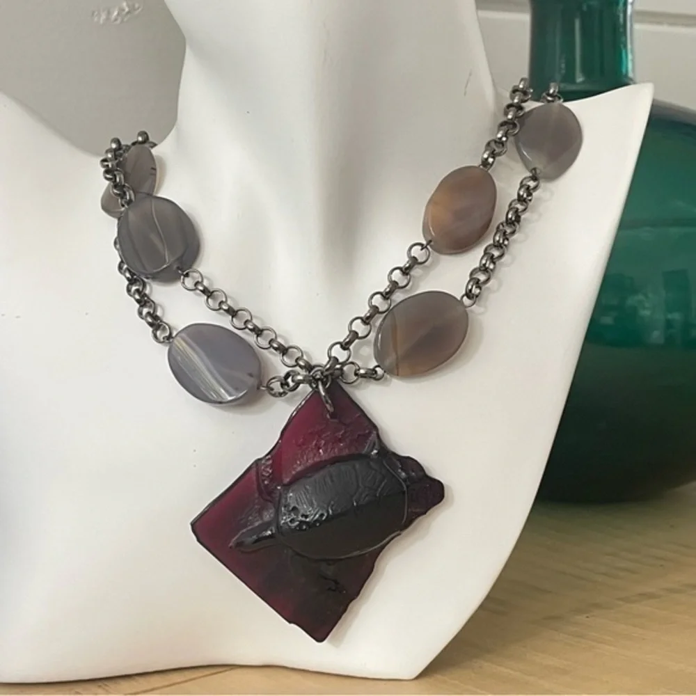 Handmade Maroon Glass Turtle Agate Statement Necklace Handmade Ocean Metal Gift